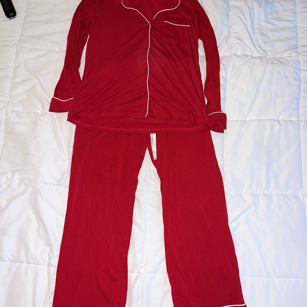 Red Two-Piece Pajama Set with Contrast Piping
